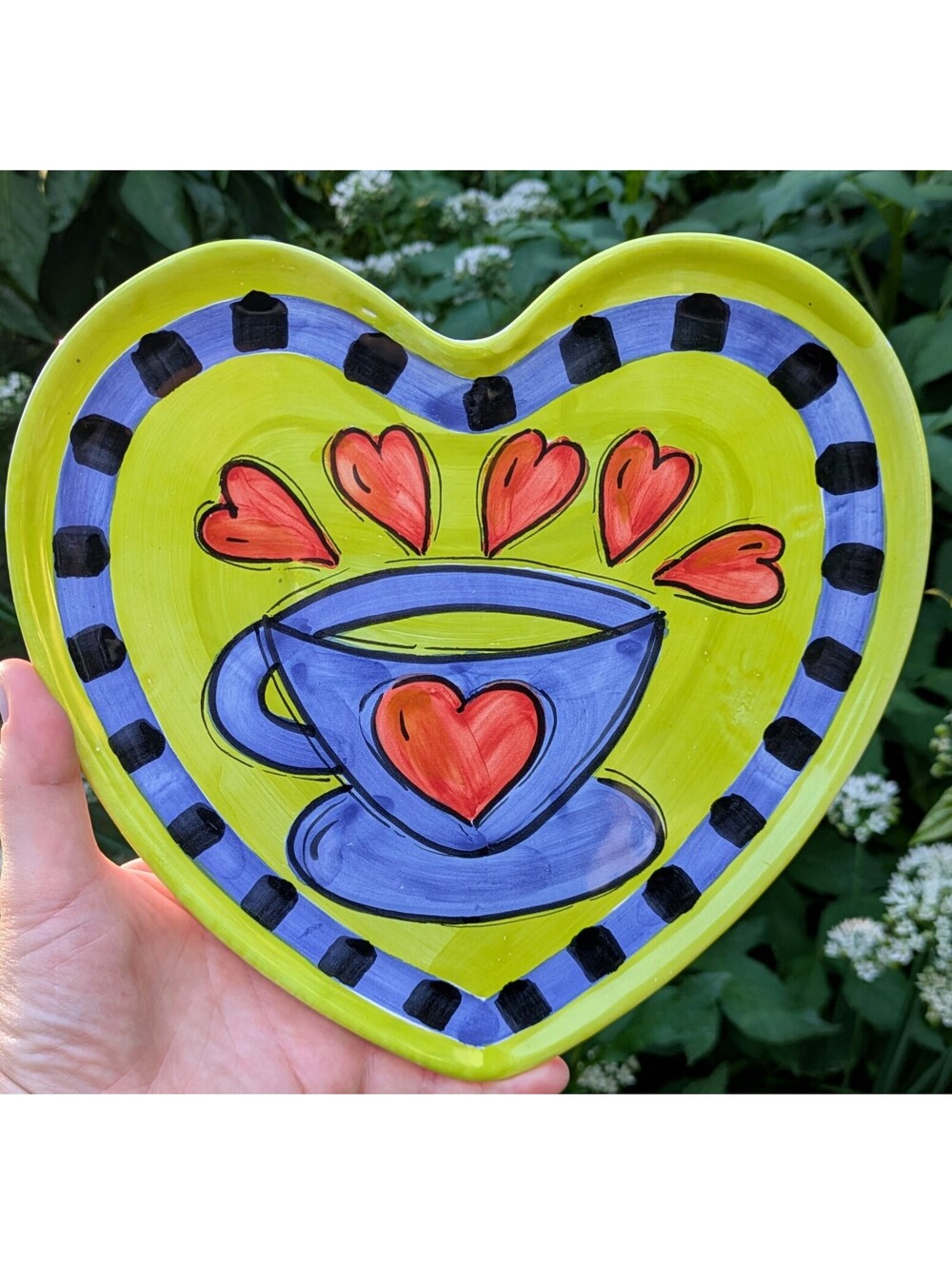 Vintage Italian Plate, Heart Shaped, Hand Painted with Hearts and Teacup, Signed